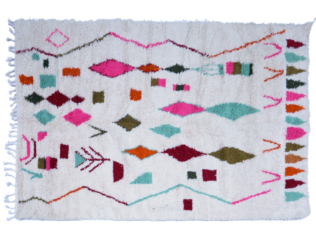 Very large Azilal Berber carpet with zigzags and rhombuses in pink, green and blue