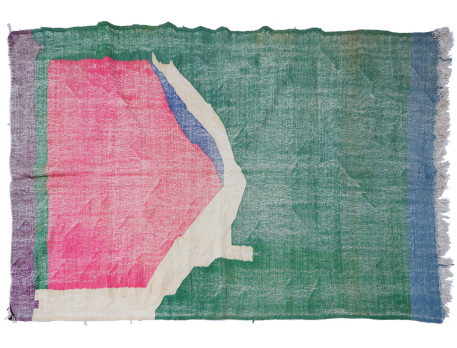 Grand tapis berbère Kilim en laine rose, vert blanc et bleu