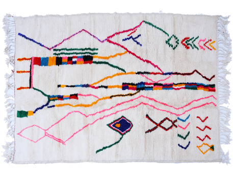 Grand tapis berbère Azilal blanc avec lignes bleu rose noir vert et jaune