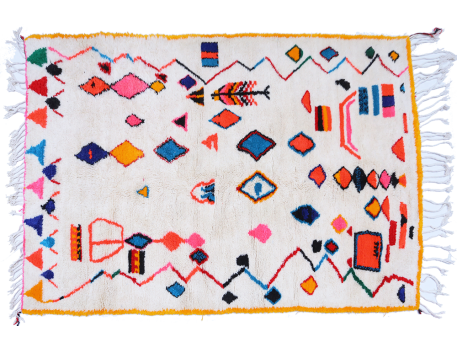 Large white Azilal Berber carpet with orange pink green red blue yellow outline design