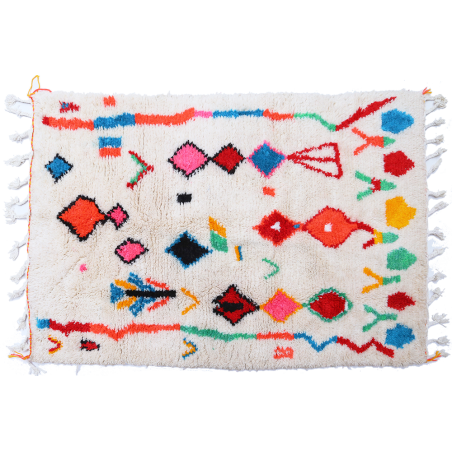Azilal white Berber carpet with orange green red blue and pink pattern