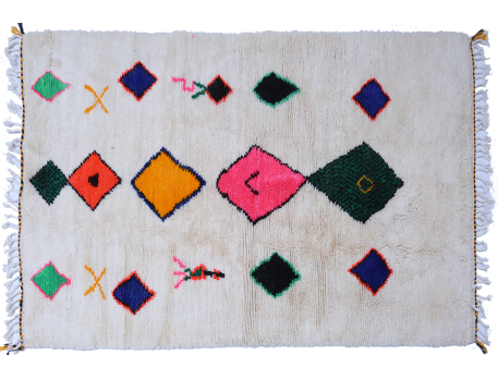 Grand tapis berbère Azilal blanc avec losanges bleu rose vert fluo et jaune