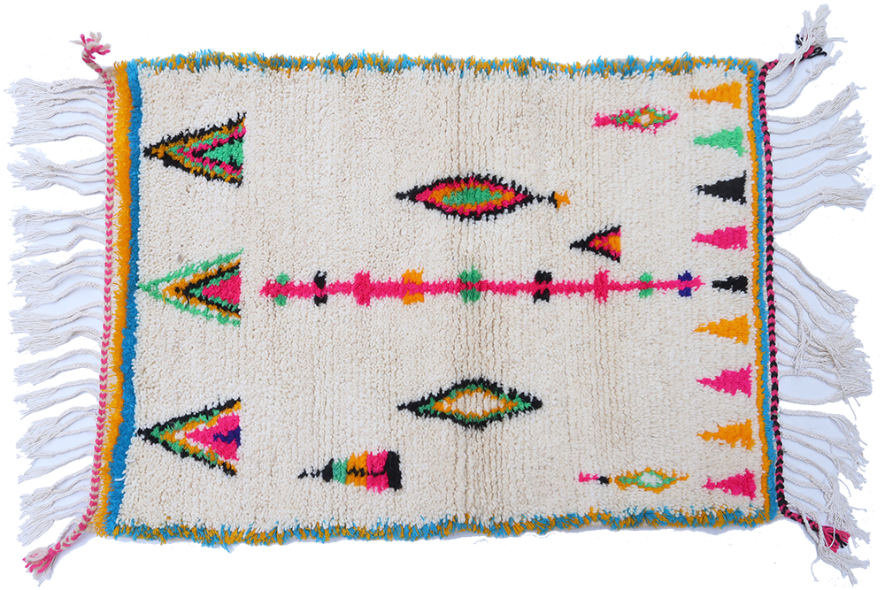 Small white Azilal Berber carpet with blue, pink and green patterns, yellow and blue outlines 