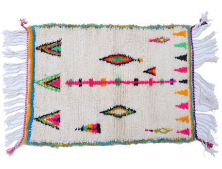 Small white Azilal Berber carpet with blue, pink and green patterns, yellow and blue outlines 