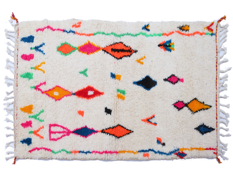 Azilal white Berber carpet with orange green red blue and pink pattern