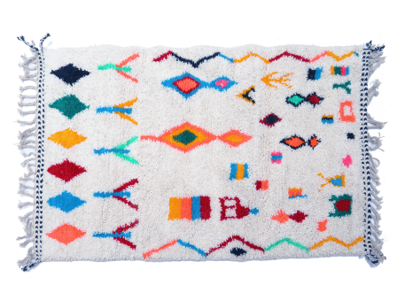 Small white Azilal Berber carpet with orange green neon red blue pink pattern