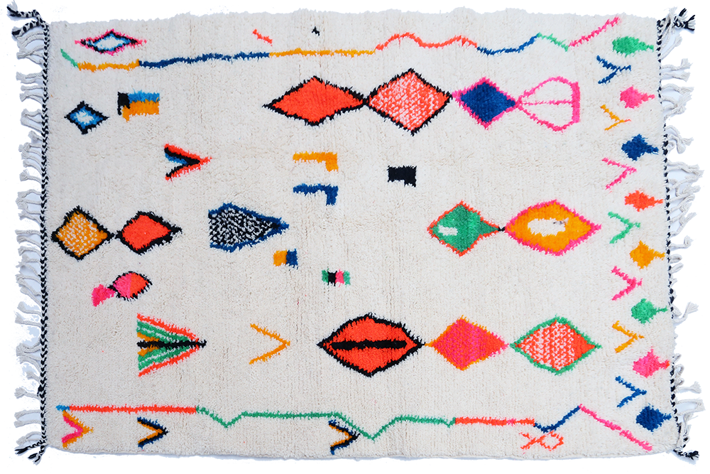  Azilal white Berber carpet with orange green red blue and pink pattern