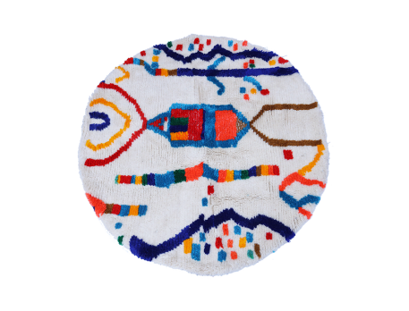 Azilal round Berber carpet white blue yellow orange and green with polka dots