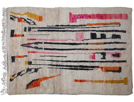 Very large antique beige Boujad rug with black, yellow and pink lines