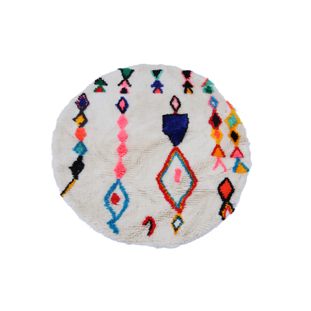 Petit tapis berbère rond Azilal avec losanges rouge, bleu jaune et noir
