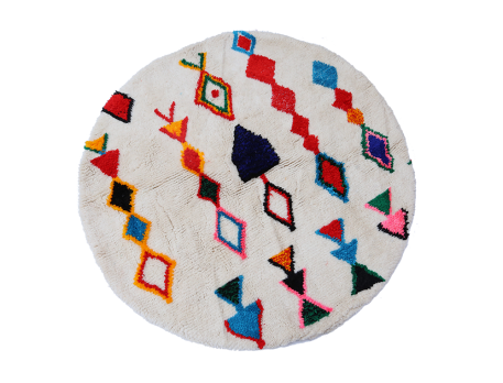Azilal round Berber carpet with red, blue, yellow and black lozenges