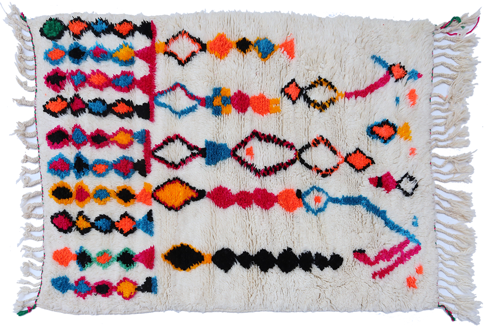 Small white Azilal Berber carpet with red orange blue black and yellow lozenges 