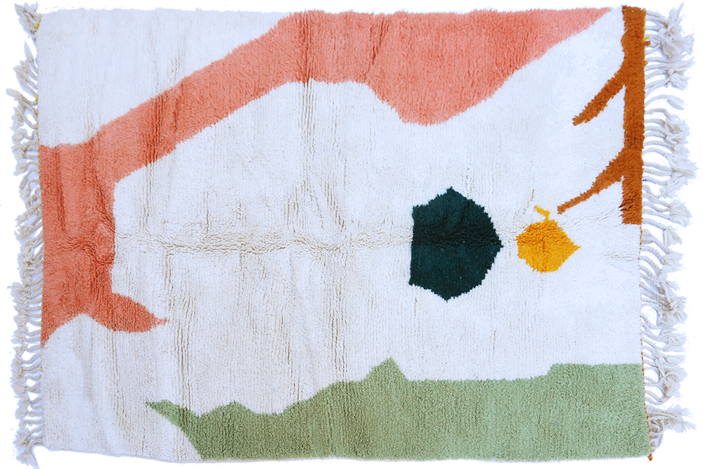 Tapis berbère Azilal moderne, blanc vert kaki rose saumon et marron