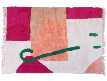 Très grand tapis berbère Azilal moderne, blanc vert rose saumon et marron