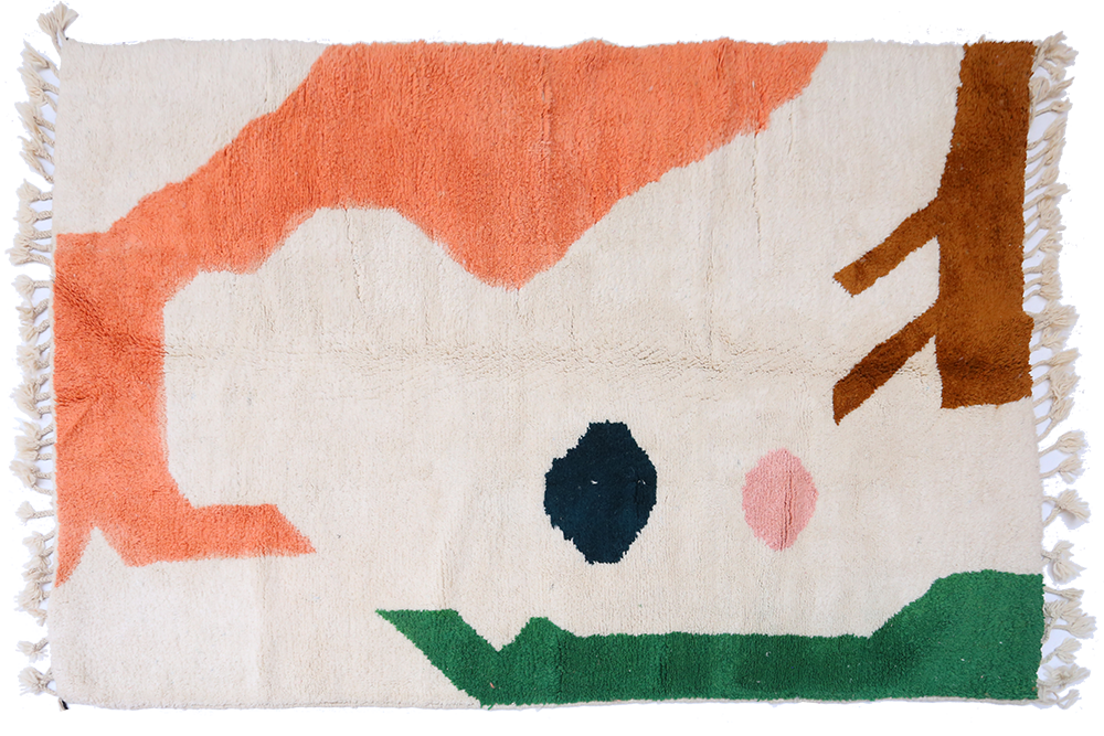 Grand tapis berbère Azilal moderne, blanc vert rose saumon et marron