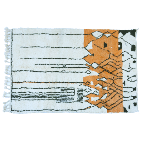 Grand tapis Boujad ancien blanc et orange avec lignes en noir