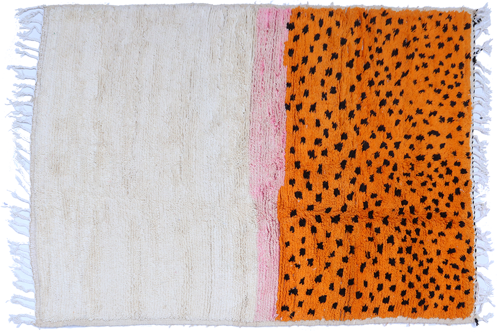 Large modern orange white pink Berber Azilal carpet with black polka dots