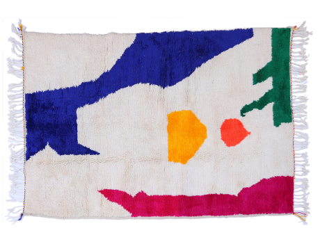 Grand tapis berbère Azilal avec des motifs colorés en bleu vert et rose