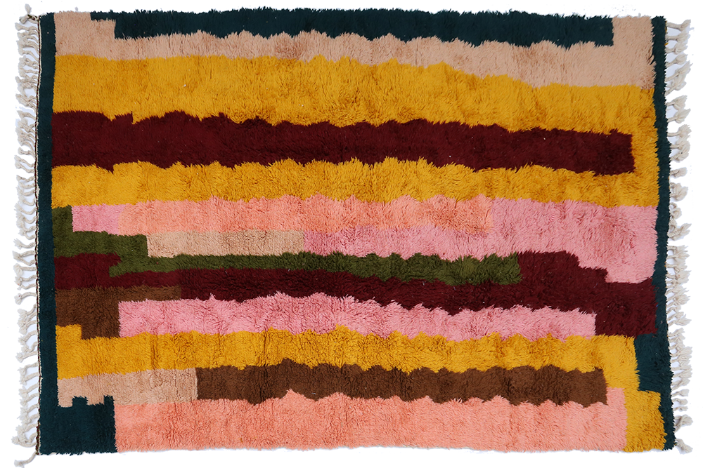 Très grand tapis berbère Azilal moderne vert grenat jaune rose 