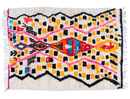 Tapis berbère Azilal avec pois et lignes en noir rose et jaune