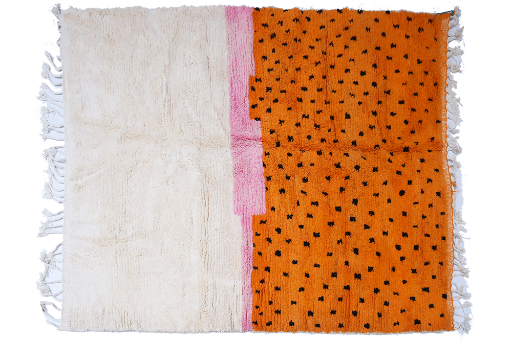 Large white, orange and pink Azilal Berber carpet with black polka dots
