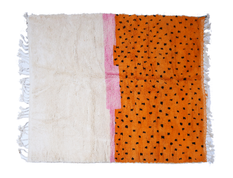 Large white, orange and pink Azilal Berber carpet with black polka dots
