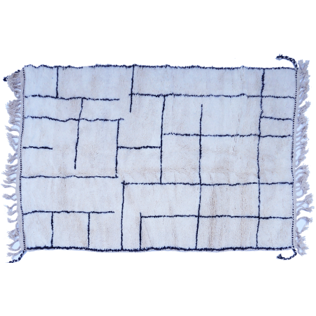Grand tapis berbère Béni Ouarain blanc avec lignes droites en noir