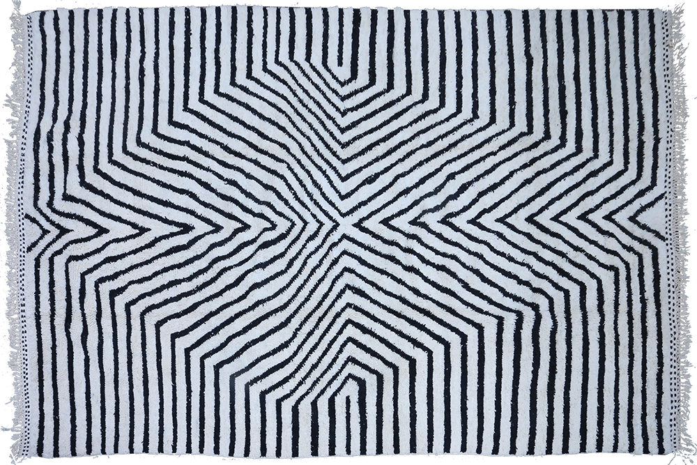 Very large white Beni Ouarain Berber carpet with black geometric lines 