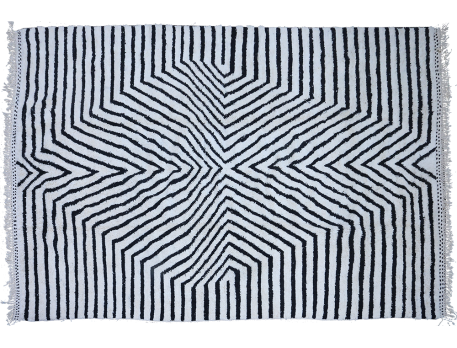 Très grand tapis berbère Beni Ouarain blanc avec lignes géométriques noires 