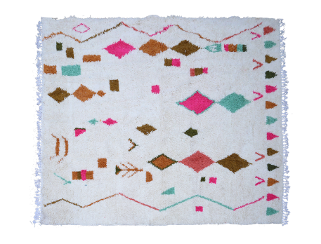 Très grand tapis berbère Azilal carré blanc avec motif roses terracotta marron vert