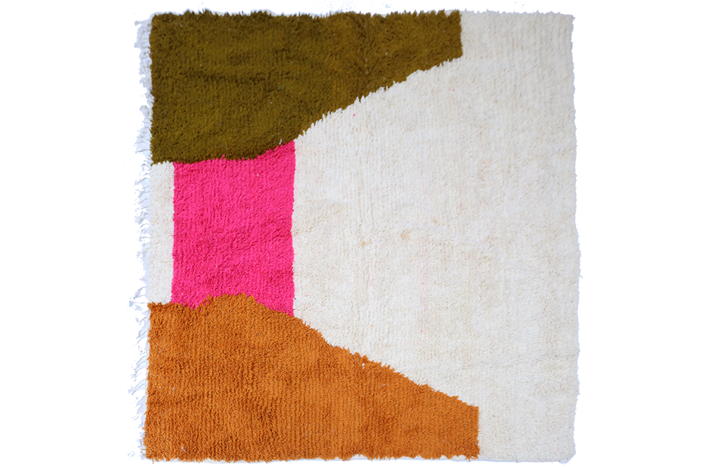 Large square Berber Azilal carpet modern white terracotta pink and green brown
