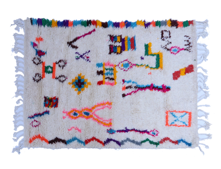 White Azilal Berber carpet with pink, red, orange, blue, green and yellow motifs
