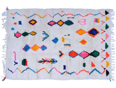 Large white Azilal Berber carpet with blue pink green yellow orange zigzag lozenges