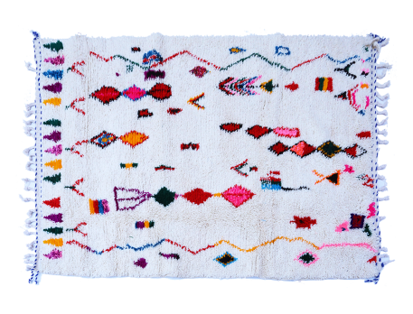 Azilal white Berber carpet with zigzag rhombs red blue pink green yellow orange