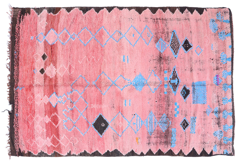 Large antique pink, blue, garnet and black Boujad rug