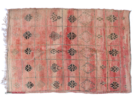 Large antique Boujad carpet in terracotta pink with green checks and patterns