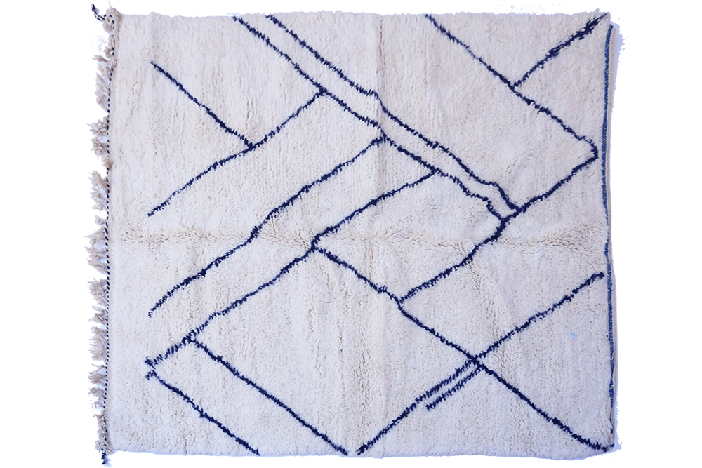 Large square white Berber carpet Béni Ouarain with blue lines 