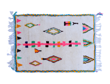 Small white Azilal Berber carpet with blue pink green yellow outlines