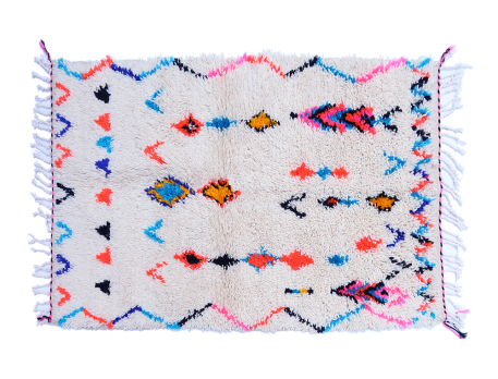 Small white Azilal Berber carpet with blue pink green yellow orange zigzag lozenges