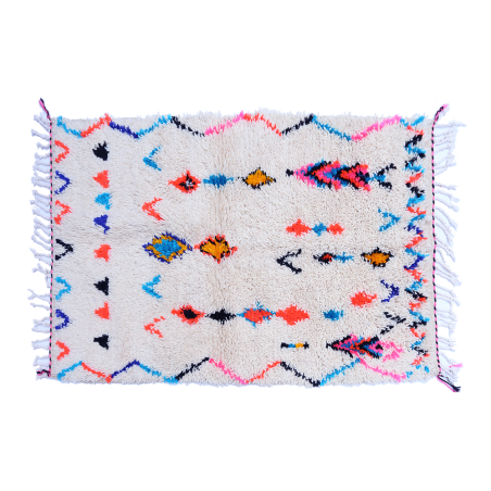 Small white Azilal Berber carpet with blue pink green yellow orange zigzag lozenges
