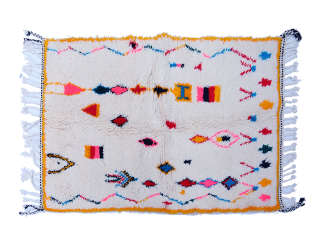Petit tapis berbère Azilal blanc avec losanges zigzags bleu rose vert rouge jaune orange