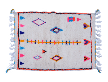 Small white Azilal Berber carpet with blue pink green yellow outline black orange motifs