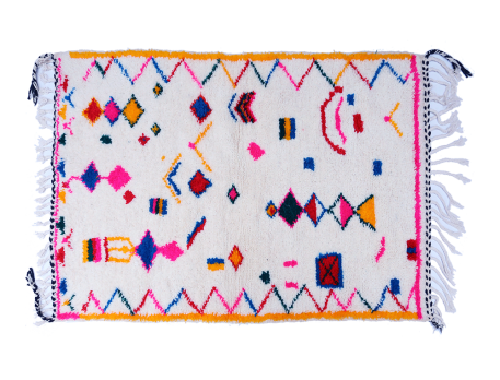 Small white Azilal Berber carpet with zigzag lozenges blue pink green red yellow orange