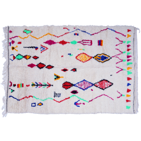 Large white Azilal Berber carpet with blue pink green neon red yellow rhombuses 