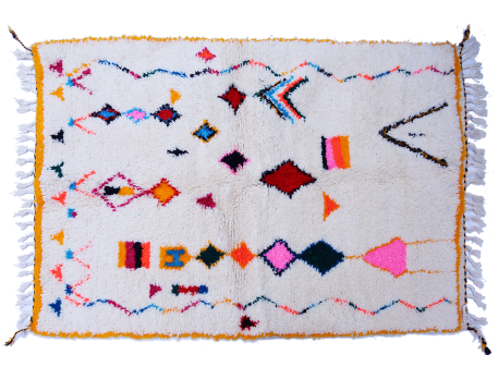 Small white Azilal Berber carpet with blue, pink and green lozenges, yellow and orange outlines