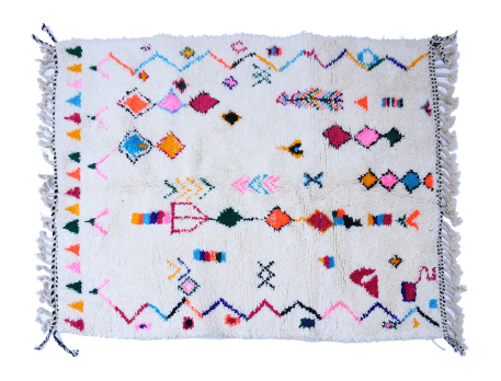 White Azilal Berber carpet with blue pink green red yellow and orange zigzag lozenges