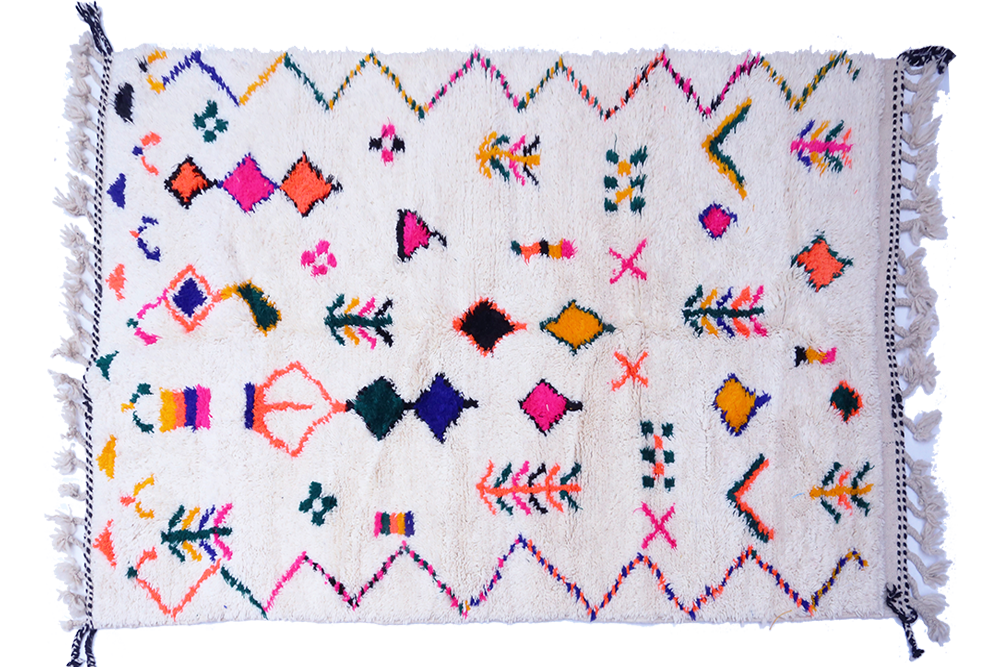 Large white Azilal Berber carpet with rhombuses and zigzags blue pink green red yellow and orange
