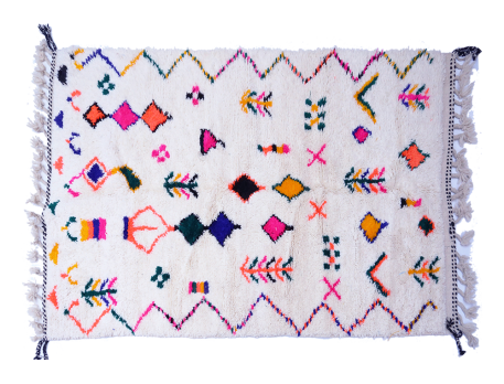 Large white Azilal Berber carpet with rhombuses and zigzags blue pink green red yellow and orange