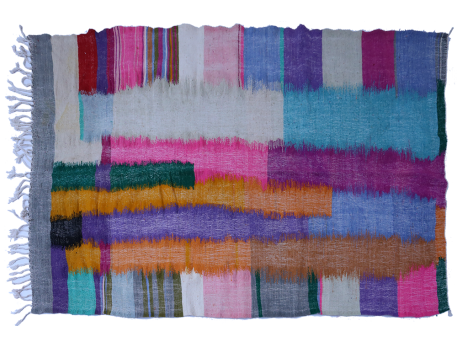 Grand tapis berbère Kilim en laine avec lignes colorées grenat rose bleu rouge orange 