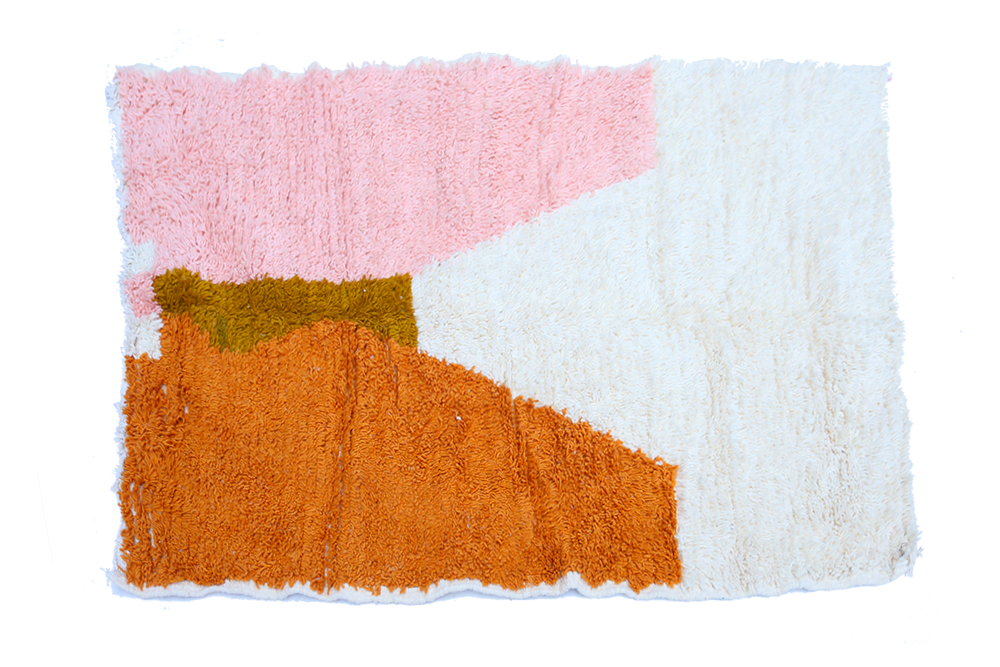 Small modern white Berber Azilal carpet coloured in orange terracotta green and brown